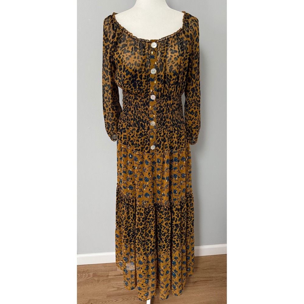 Fig and Flower Anthropologie Leopard Floral Tiered Semi Sheer Maxi‎ Dress Size M